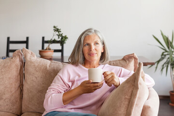 Portrait happy healthy middle aged woman sitting on comfortable couch at home
