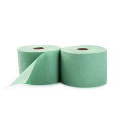 Green toilet paper rolls isolated on white