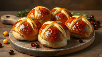 Golden hot cross buns gleam on a wooden board, surrounded by berries, inviting a taste of tradition