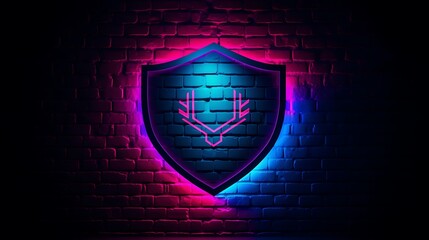 Fototapeta premium Neon shield glowing on brick wall high resolution hd photo