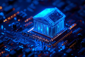 Obraz premium Digital Bank: A glowing, digital representation of a bank building hovers above a circuit board, symbolizing the evolution of financial institutions in the digital age.