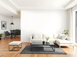 modern living room interior, minimalistic design with sofa and table