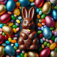Festive Easter chocolate bunny surrounded by colorful candy eggs and jellybeans, bright cheerful still life composition