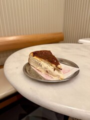 A piece of Basque burnt cheesecake or San Sebastian cheesecake