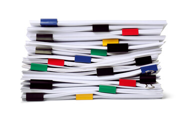 Fototapeta premium Colorful binder clips with sheets of paper isolated on white