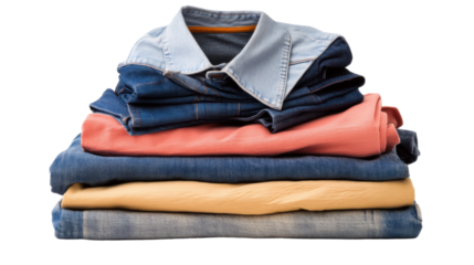 Pile of folded clothes t-shirts jeans pants  isolated on white background