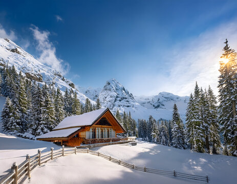 Snowy mountain landscape featuring a cozy wooden cabin nestled amongst pine trees under sunny blue sky, tranquil winter wonderland