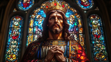 Fototapeta premium stained glass window image of jesus christ with a crown
