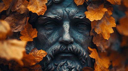 statue of face of a mythologic god surrounded by autumn leaves