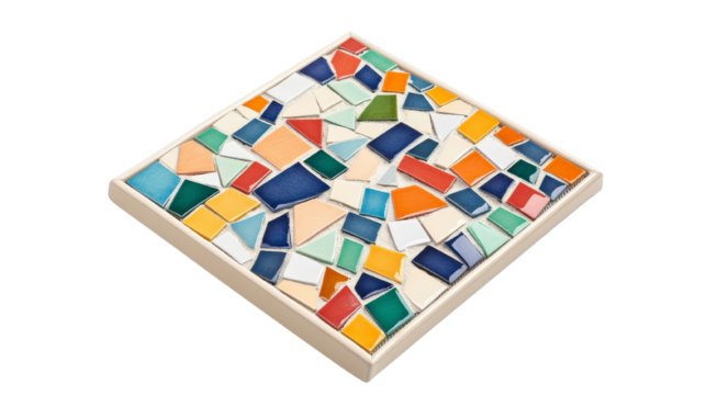 A handcrafted mosaic tile trivet featuring an abstract geometric pattern in vibrant colors, perfect for kitchen decor or protecting surfaces from heat.