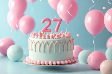 3D playful 27 cake, pink balloons, subtle background.