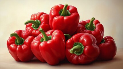 Group of red bell peppers piled on light surface, with neutral background in studio