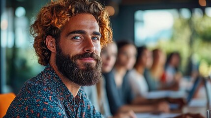 Engaged man smiling at a collaborative work session in a modern office with focused colleagues