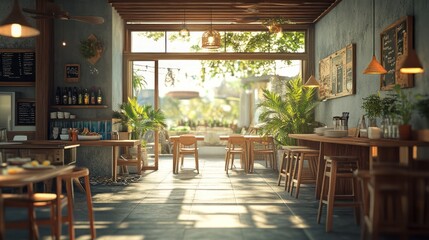 Fototapeta premium Sunny cafe interior with wooden furniture and plants.