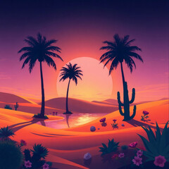 Majestic sunset paints the desert landscape with vibrant hues and silhouettes of palm trees by a tranquil oasis
