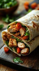 Delicious chicken wrap filled with fresh vegetables on a wooden cutting board