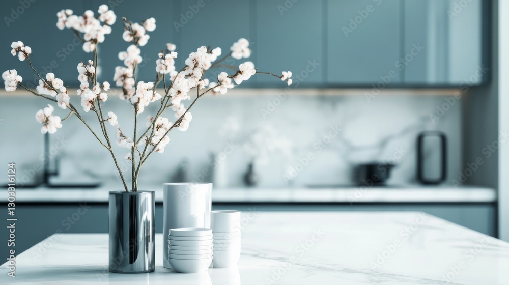 Poster delicate branches with soft blossoms stand tall in sleek vases on a pristine marble countertop, comp