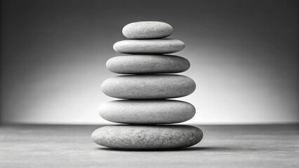 A neat stack of smooth river stones in grayscale, carefully balanced against a soft gradient backdrop