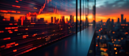 Urban cityscape viewed through modern office windows at sunset, with digital data overlayed on the city.  Fiery orange and dark red hues dominate the scene, creating a dramatic effect
