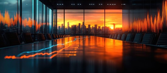 Sunrise cityscape view from modern office interior, showing city skyline reflected on dark floor, orange and yellow sunset hues, futuristic building design, abstract data patterns overlaid on the