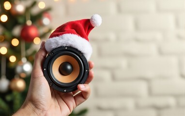 Speaker with Santa Hat, Christmas Tree and Brick Wall Background