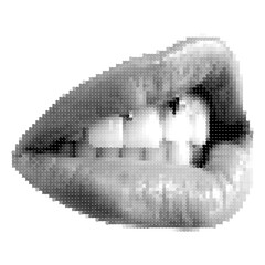 Halftone lips. Female lip with tongue and piercing. Trendy png pieces. Modern forms for card, print on clothes. Creative collage.	