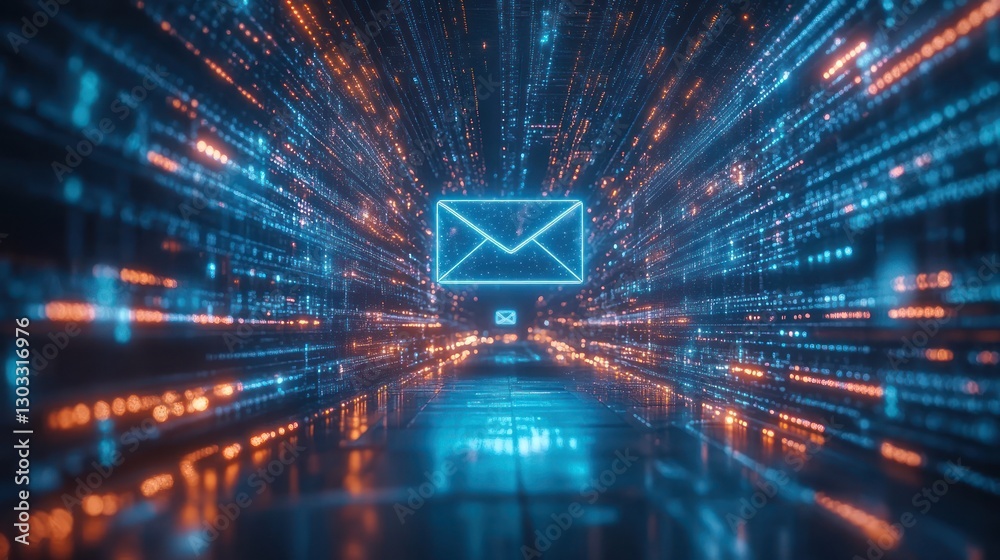Poster digital email message speeding through a futuristic data stream.