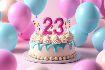 23 candle soft cake, 3D, pastel balloons around, minimal.