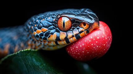 Fototapeta premium the original sin the forbidden fruit close up of snake on tree branch with red apple on black background