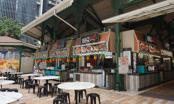 Singapore - January 22, 2025: The Lau Pa Sat festival market or Telok Ayer is a historic Victorian cast-iron market building now used as a popular food court