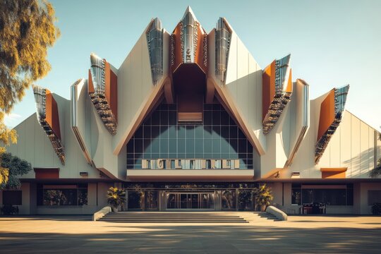 A grand cinema building with strong geometric shapes, tiered designs, and metallic embellishments along the roofline