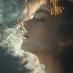 Woman Exhaling Smoke, Dark Studio