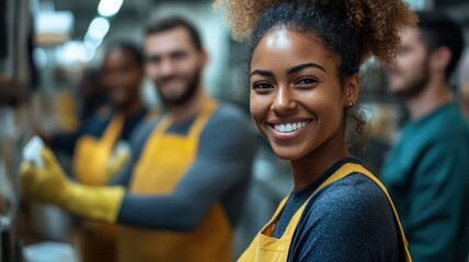 A diverse group of cleaners is engaged in their work within a well-lit commercial environment. They are actively cleaning, showcasing teamwork and positivity