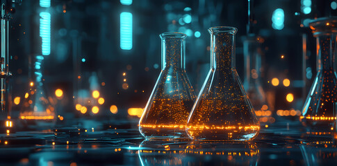 Science Experiment: Glowing Erlenmeyer Flasks: Two Erlenmeyer flasks filled with a glowing, amber liquid sit prominently in the foreground, surrounded by a bokeh of vibrant teal and orange lights.