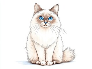 Fototapeta premium Cute fluffy cat with blue eyes sitting gracefully against a white background