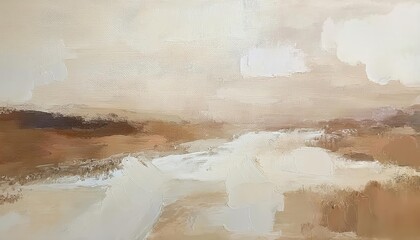 textured abstract landscape painting with neutral earthy tones, soft clouds, and rugged terrain, perfect for minimalist decor

