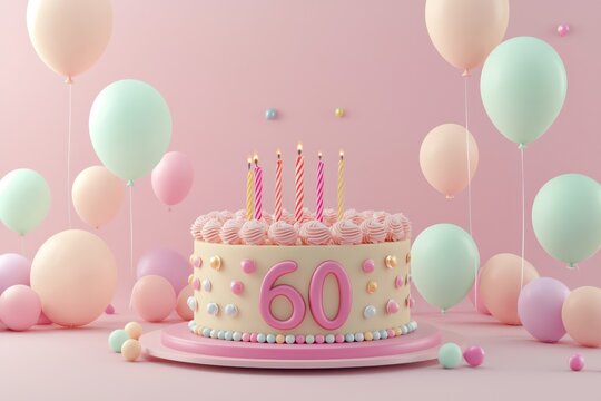 3D sweet cake with number 60, soft balloons around, message space.