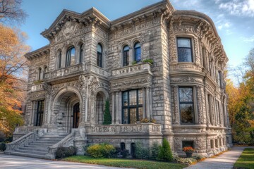 Obraz premium A grand stone building featuring a balanced design, ornate friezes, and a series of arched windows