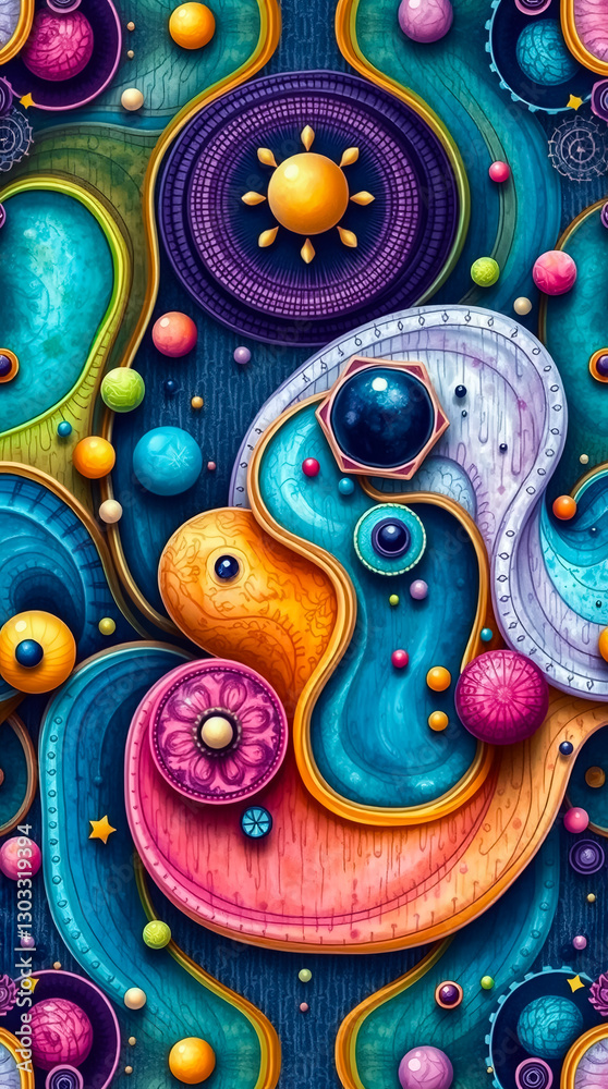 Poster colorful abstract design with fluid shapes and vibrant patterns creating an energetic atmosphere.