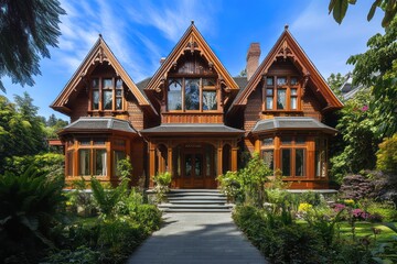 Obraz premium A grand Victorian home with intricate wooden trim, steep gabled roofs, and tall bay windows, surrounded by a lush garden