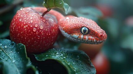 the original sin the forbidden fruit snake and apple on tree branch