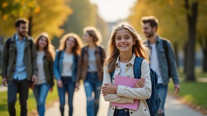 Fototapeta premium Walking, happy and girl with friends at university for learning, bonding and talking with fun. People, school and group of gen z students commuting outdoor ready for education at college campus.