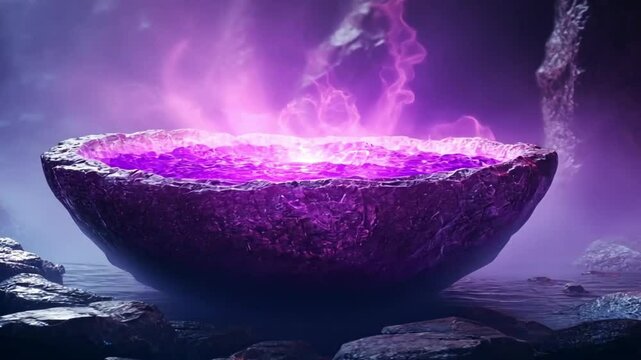 Mysterious purple cauldron in mystical cave. Possible use Fantasy background, game art