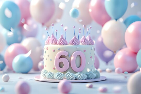 Number 60, sweet cake, soft balloons, 3D, space for messages.