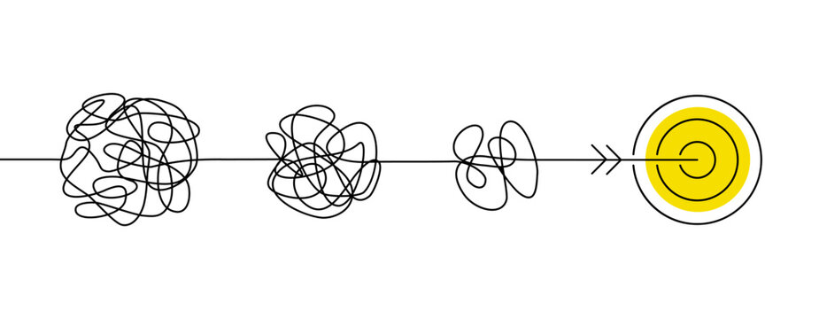 Continuous one line drawing of chaos tangle which gradually turns into achievement target, problem solving concept, trouble solution, brainstorming process