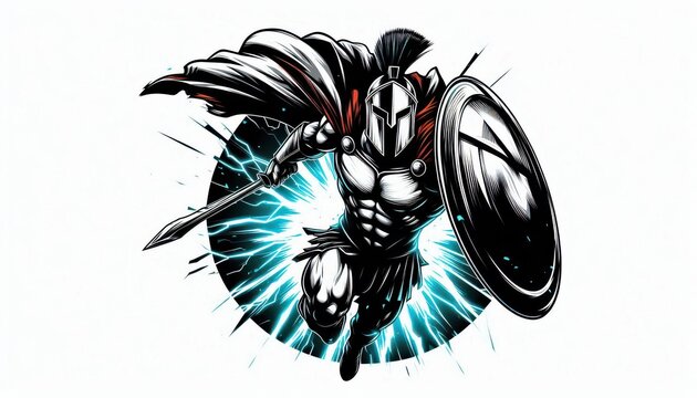 Character of a strong warrior charging forward with a spear and shield, showcasing determination and strength - Powered by Adobe