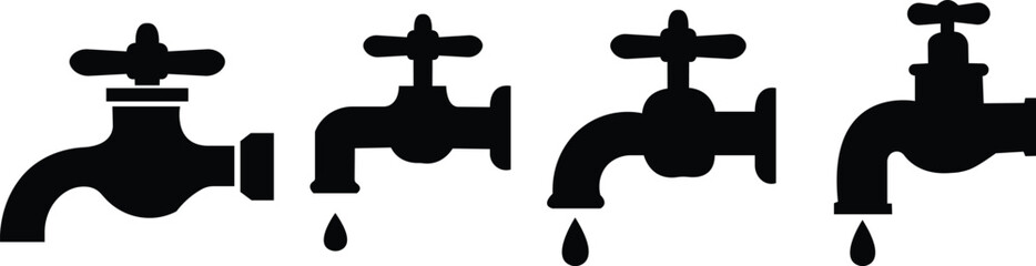 Faucet/Tap Icon Set - Black Silhouette Vector with Dripping Water