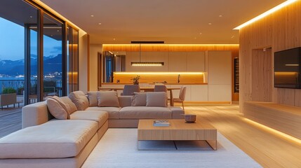 Fototapeta premium Modern open-plan living room with L-shaped sofa, wooden flooring, and panoramic window view.