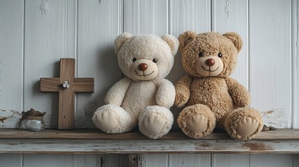 two teddy bears and a wooden cross on a shelf with a white wall background