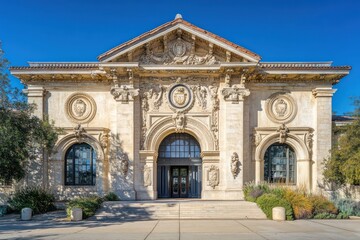 Fototapeta premium A historic building with plaster medallions, symmetrical arches, and a grand central entrance